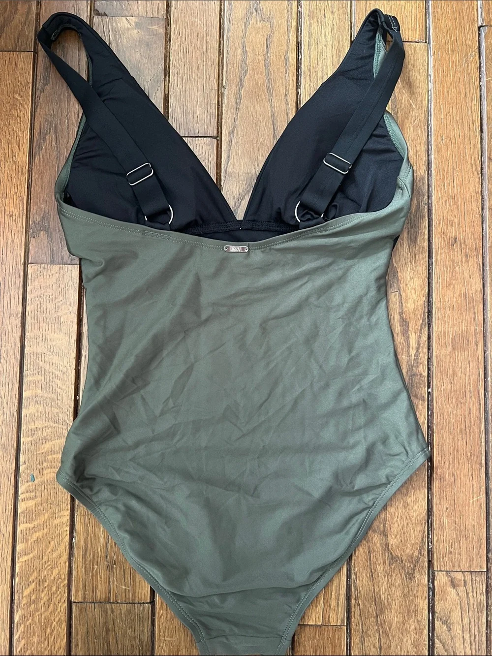 DKNY Olive Green and Black V-Neck One-Piece Swimsuit Size 8 Like New - Picture 2 of 4
